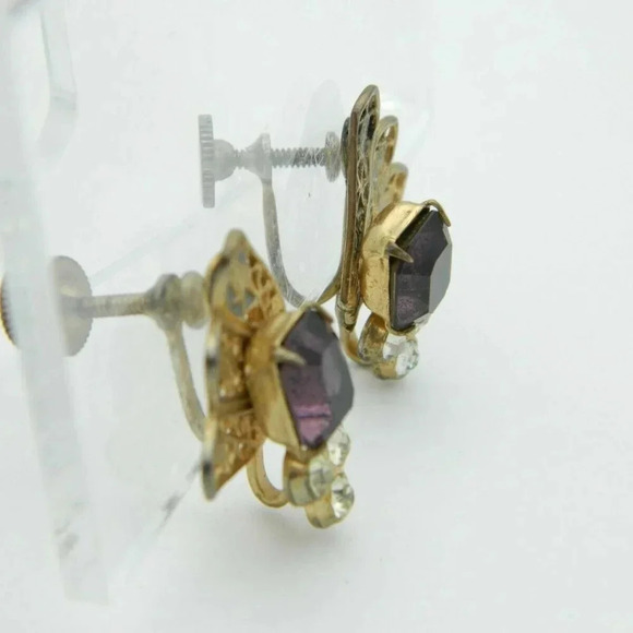 Art Nouveau Style Purple Clear Rhinestone Earrings - Picture 2 of 4